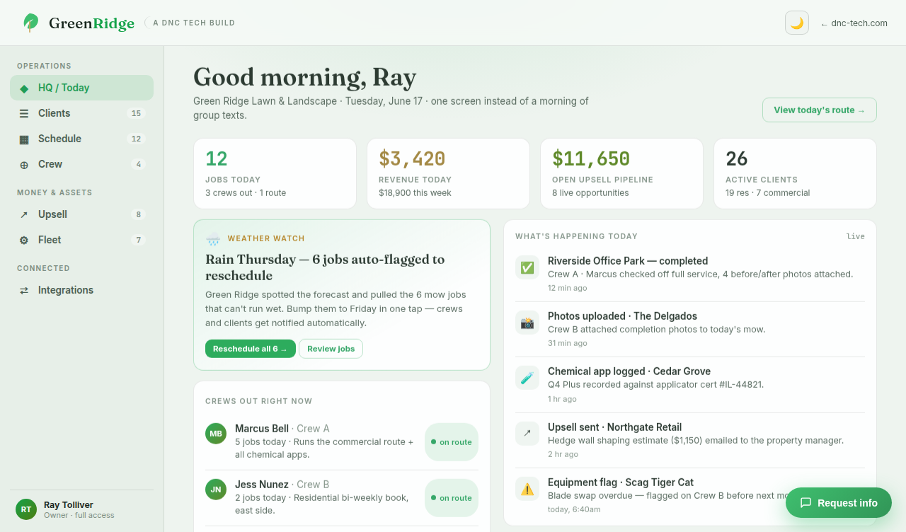 Green Ridge demo — lawn-care field-service ops platform