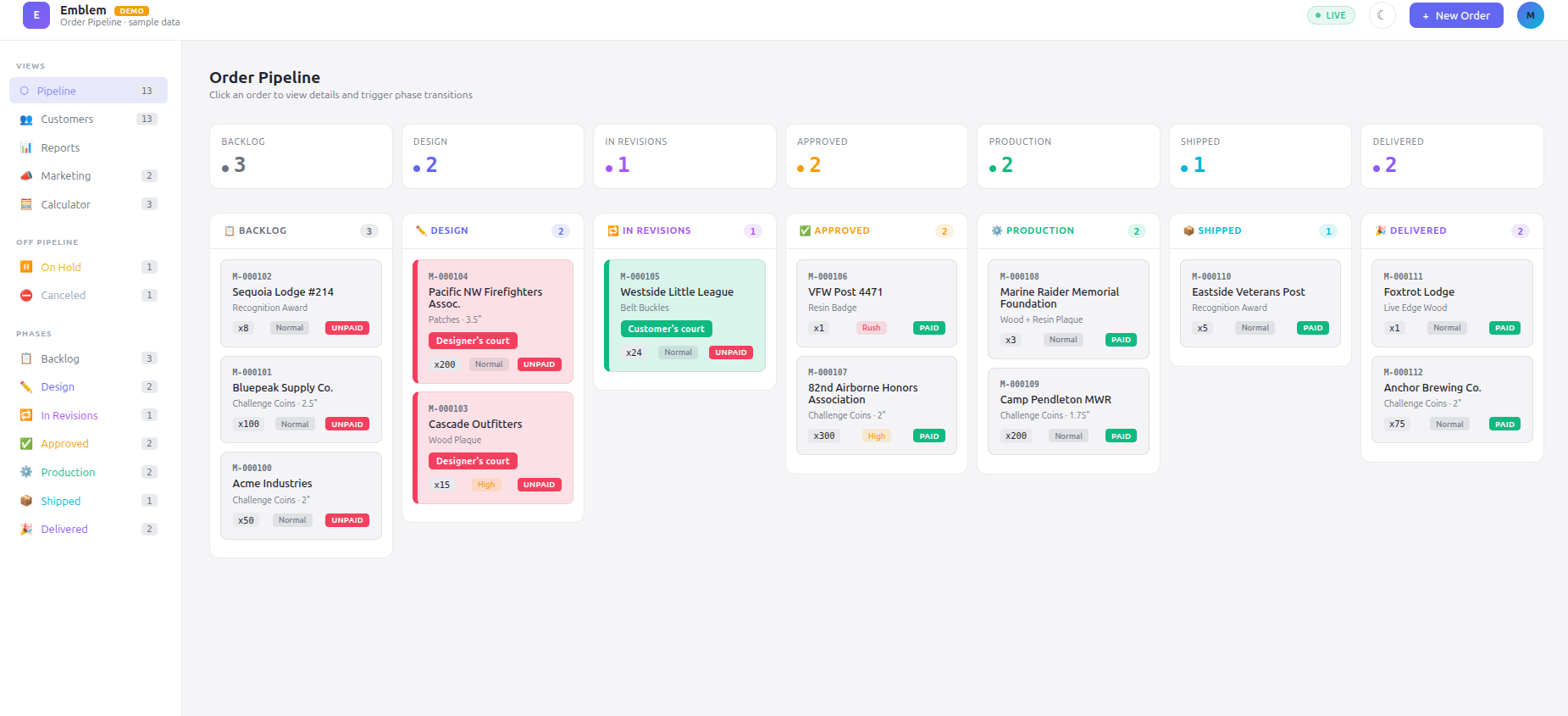 Emblem — order-pipeline back-office for a custom coin and award maker: kanban of orders across quote → production → shipped, structured multi-product quote builder with PDF export, customer CRM, and marketing attribution